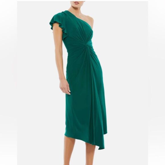 MAC DUGGAL 12480 ONE SHOULDER MIDI LENGTH EMERALD GREEN DRESS NWT - Picture 1 of 6